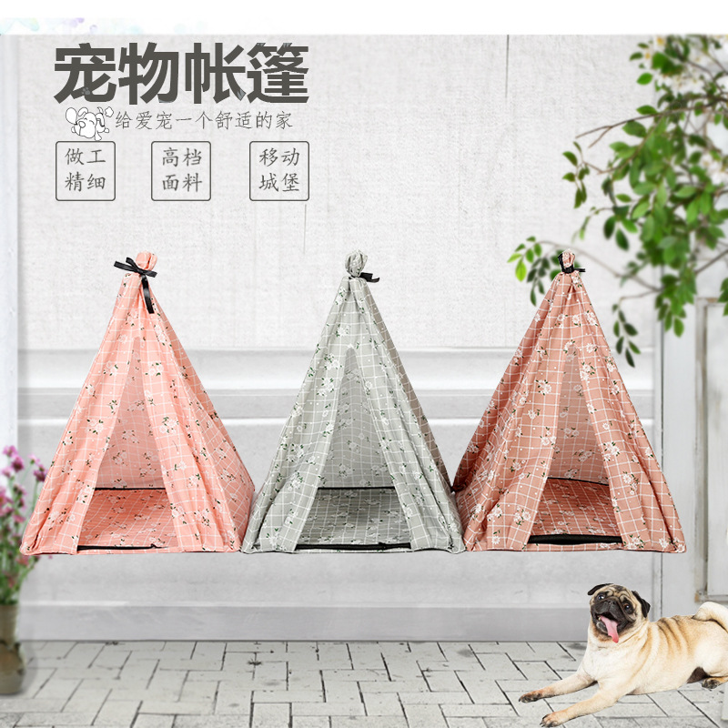 碎花帳篷寵物窩四季木質(zhì)DIY拼裝防蚊貓棚網(wǎng)紗折疊OEM代加工